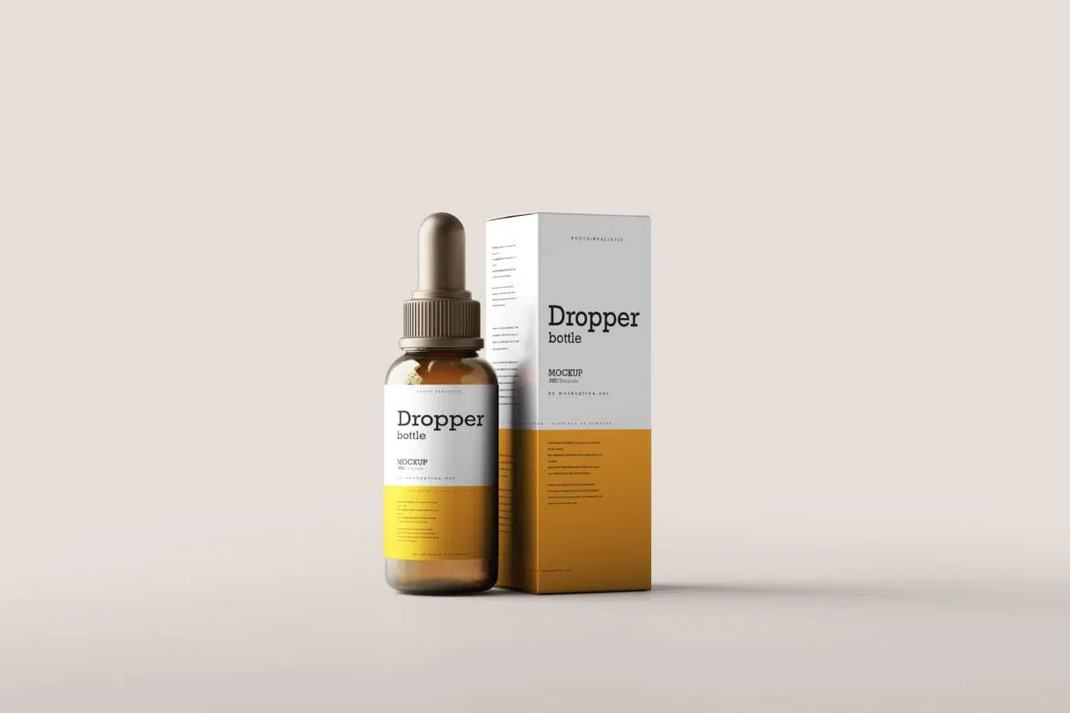 Amber Glass Dropper Bottle and Box Mockups - Mockup Free