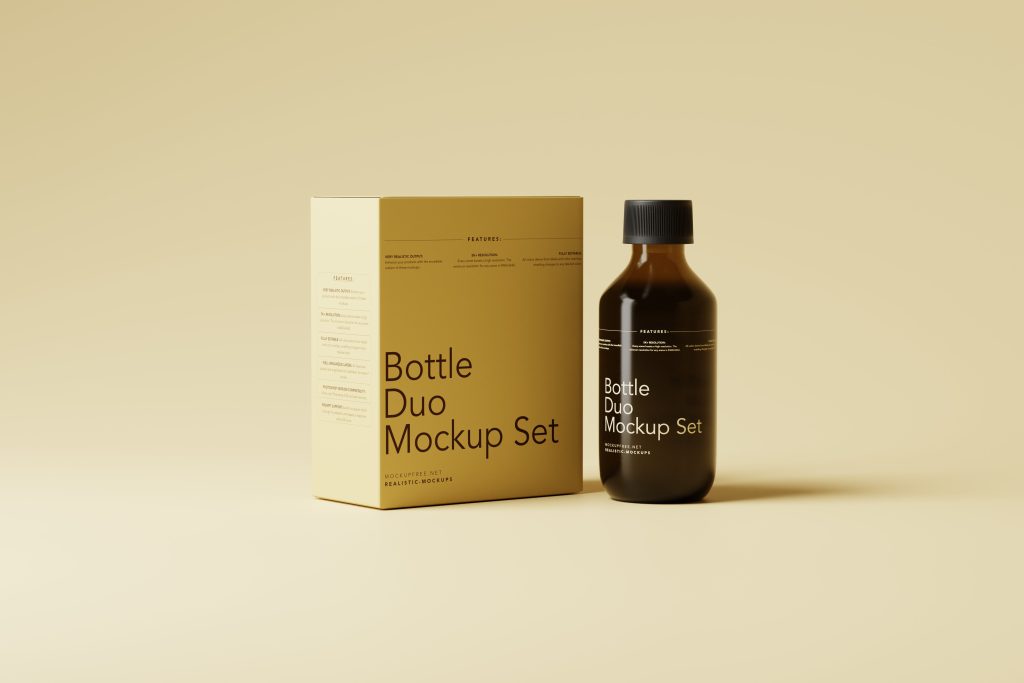 Amber Two Bottle Mockup Set with a Large Box