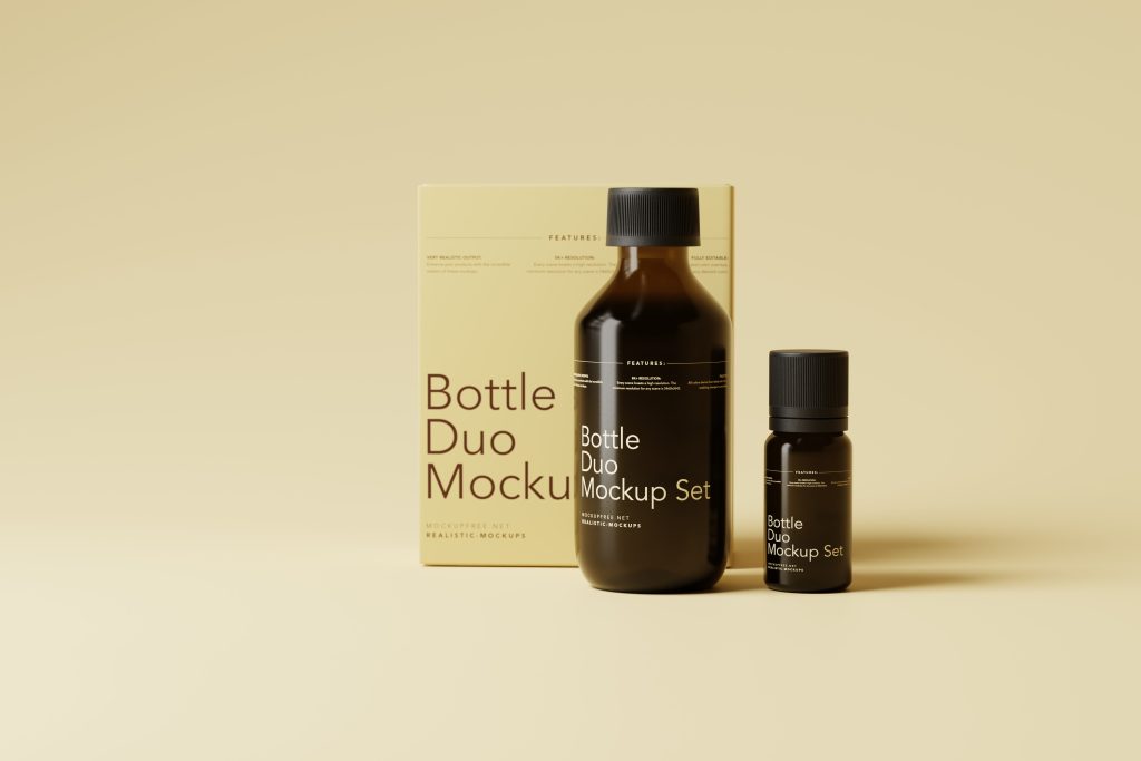 Amber Two Bottle Mockup Set with a Large Box